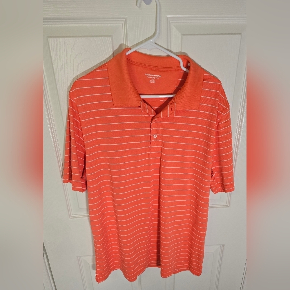 Amazon Essentials Mens Orange Striped Polo Collared Athleisure Top Large